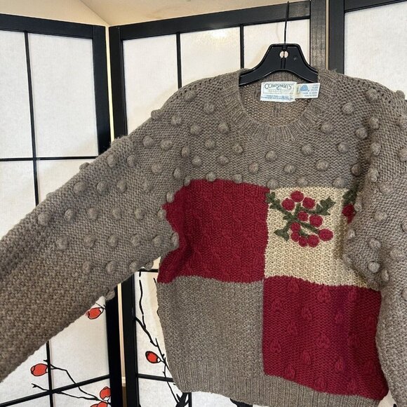 VTG Susan Bristol Hand Embroidered Granny Sweater Size 34 (small) Wool Pom Pom - Picture 4 of 8